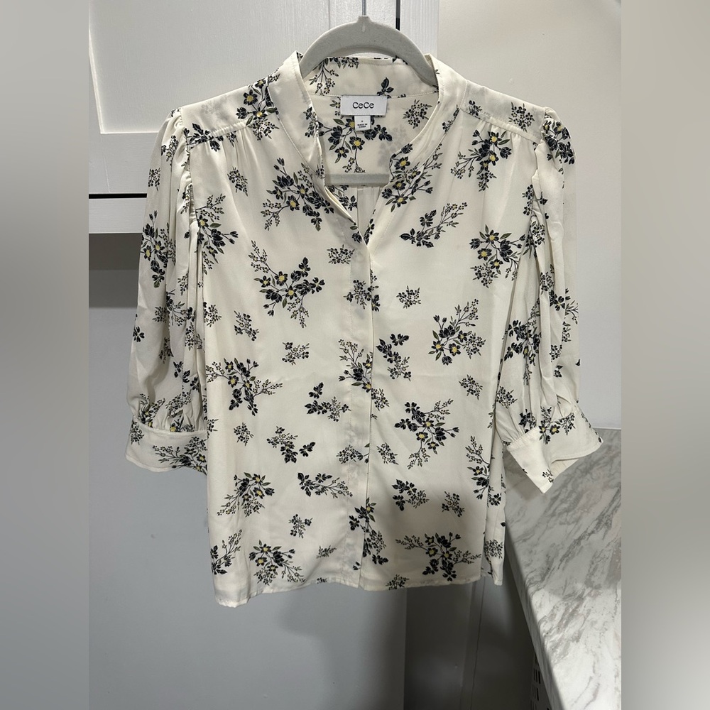 CeCe Cream Blouse with Navy and Yellow Floral Print